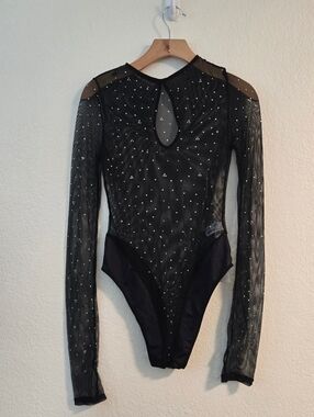 Crystal Embellished Long Sleeve Mesh Bodysuit